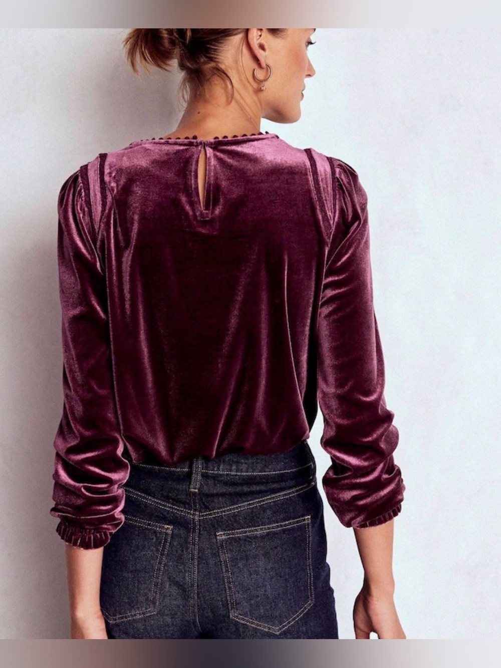 Like New! BODEN Berry Purple, Plum Velvet Long-Sleeve Top with Lace Detail Sz XL